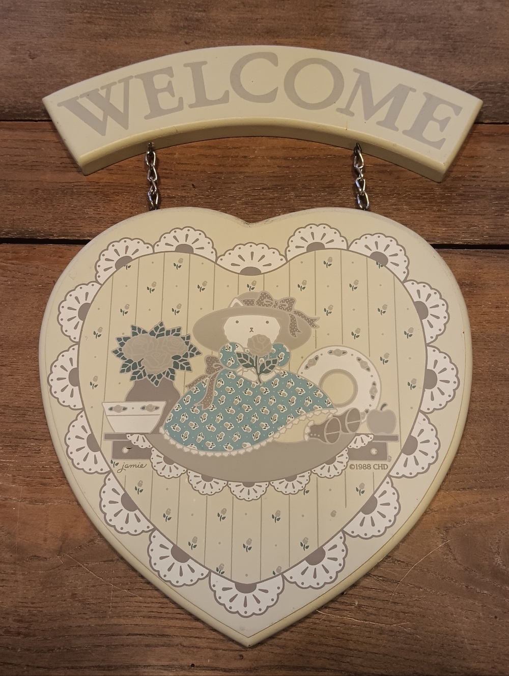 1988 Welcome Heart Shaped Wooden Sign  15"H X 11"W.